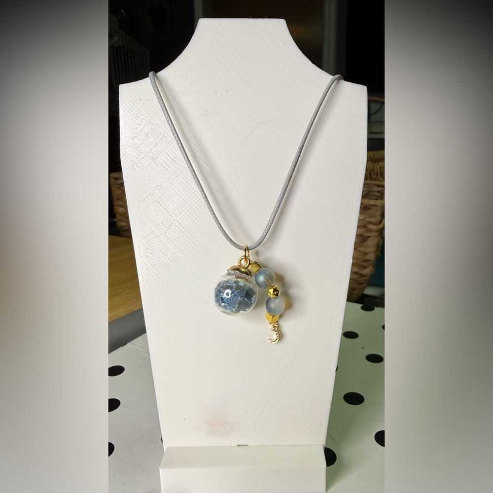 Crystal Filled Glass Globe Necklace • Moon Charm • Handmade • 18” Cord